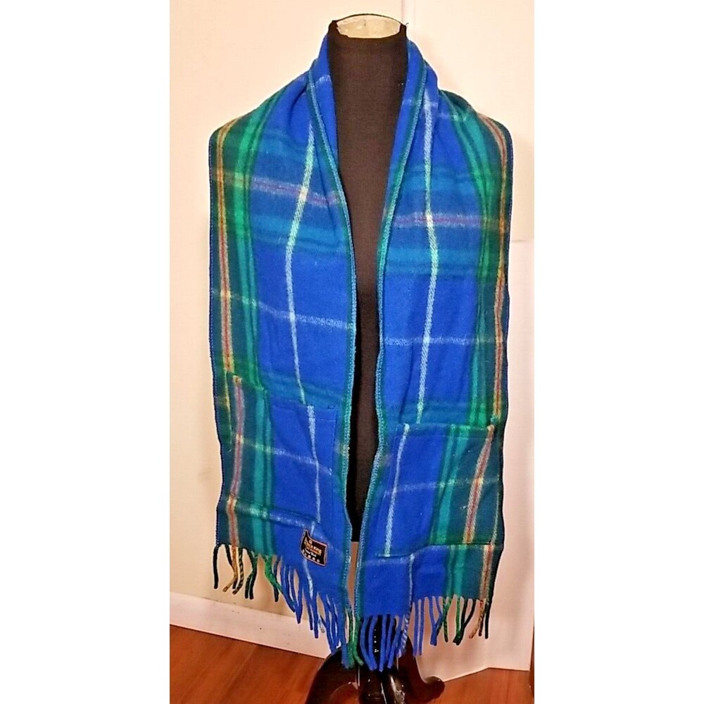 Merino Wool Tartan Plaid Scarf Blue Green Pocket Patrick King Woolen Co Vtg  T11